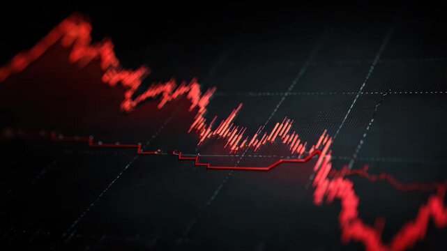 Red financial stock chart with jagged red line and descending stock graph dark grid background conveying market decline and tension red downward stock chart showing falling market trend and volatile