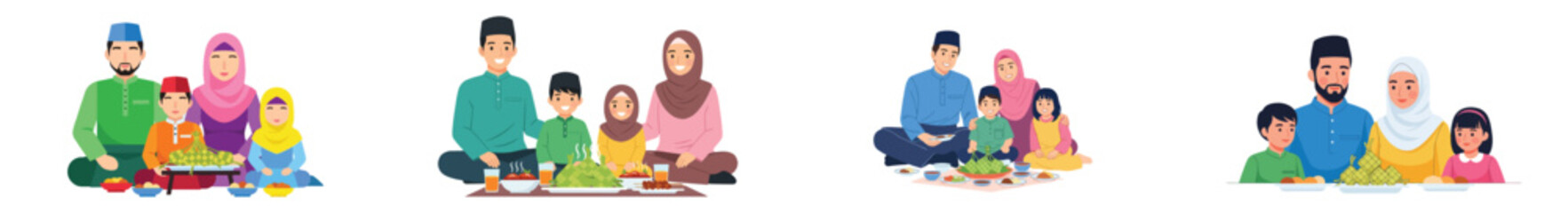 Muslim families celebrating Eid with traditional food