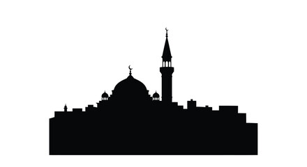 Mosque silhouette with dome and minaret against white background © MD