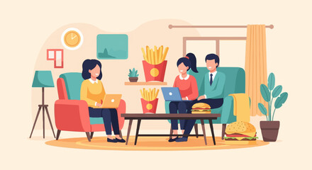 Fototapeta premium Relaxed people working on laptops in a cozy living room with fast food