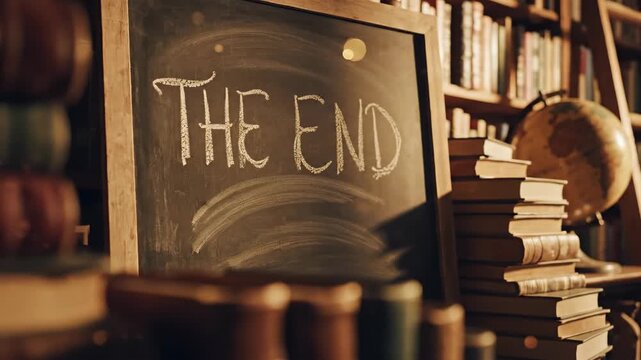 Old chalkboard with The End text in library setting