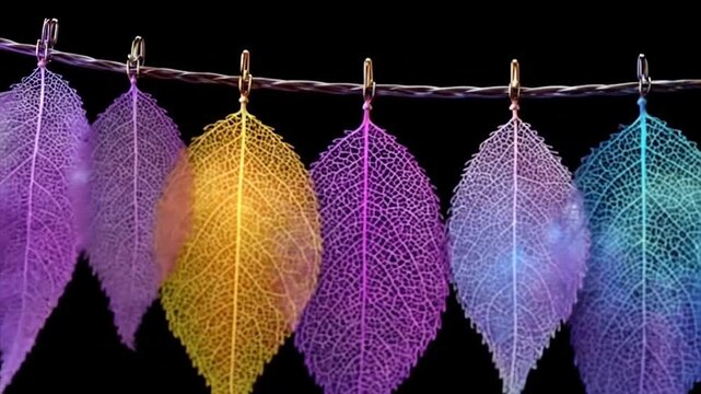 Colorful skeletal leaves hanging against a dark background nature art