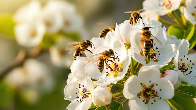 Bees pollinating white flowers in a vibrant garden setting, showcasing nature's beauty and harmony