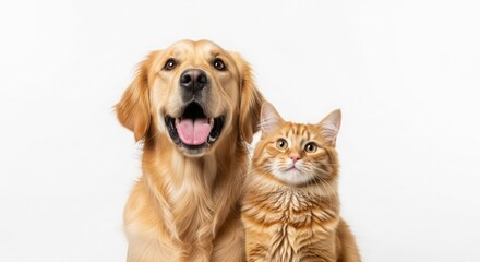 Plakat A golden retriever and an orange tabby cat sitting together, looking directly at the camera, in a friendly pose, against a clean background.