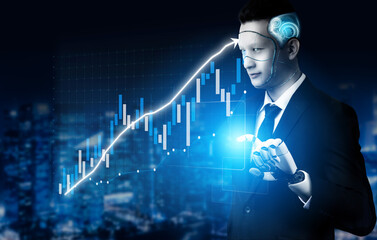 A futuristic businessman with cybernetic enhancements examines digital data trends in a modern corporate setting, illustrating innovation and analysis. Impute