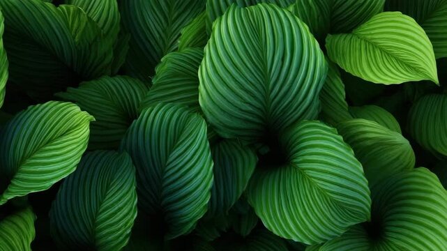 Lush green tropical leaf foliage botanical nature plant with curved vein textured leaf layered foliage and layered composition creating calming natural pattern, intricate ribbed texture