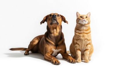 Fototapeta premium A dog and cat together on a white surface, viewed from the front, showcasing their companionship in a domestic setting as pets.