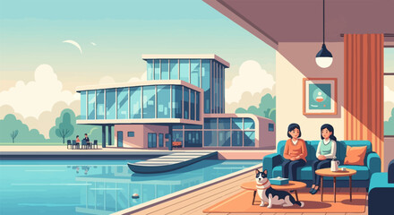 Fototapeta na wymiar Relaxing by the water two women and a dog in a modern home setting