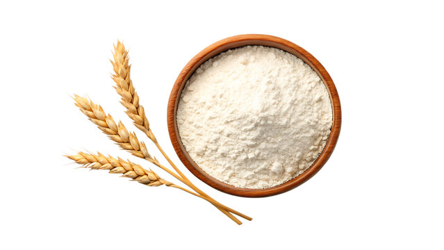 A wooden bowl filled with white flour and wheat ears, isolated on a transparent background, representing baking ingredients.