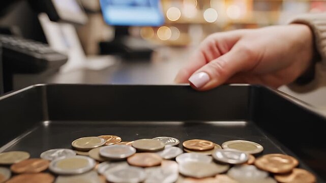 Counting coins at checkout on a tray in a store.