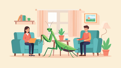 Fototapeta premium Praying mantis interacts with people in a surreal living room setting