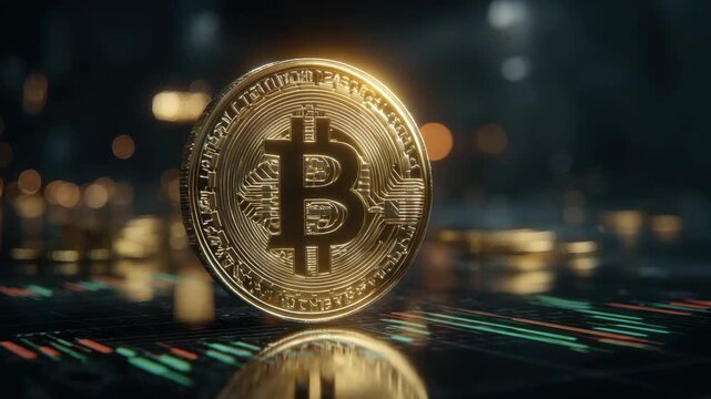Golden cryptocurrency coin with circuit pattern and reflective trading chart glow, golden bitcoin coin standing reflective trading board with glowing candlestick chart lines and blurred bokeh lights