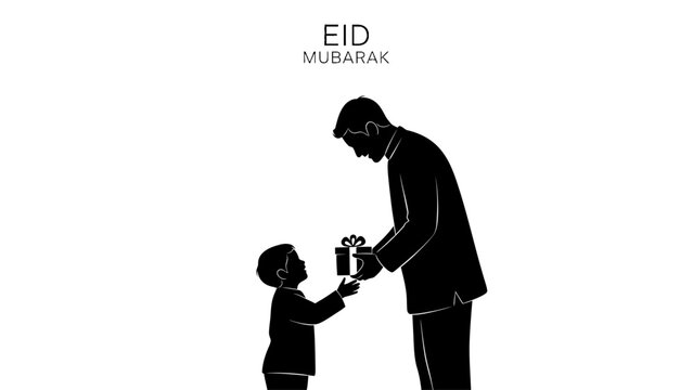 This touching black silhouette illustration depicts a father giving Eidi to his child, a cherished tradition during Eid Mubarak. The design highlights generosity, happiness, and the joyful bond betwee