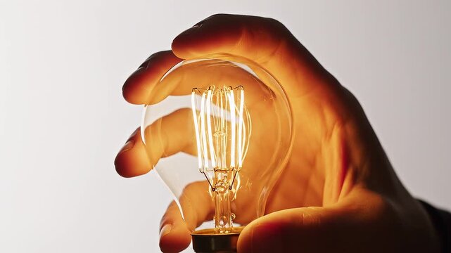 Hand Holding Illuminated Light Bulb Idea.