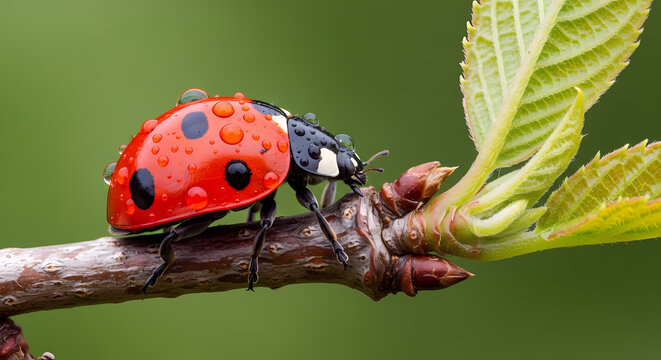 Ladybug on Branch with Water Droplets