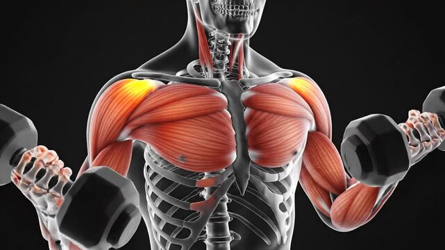3D rendered human skeletal and muscle anatomy performing a dumbbell workout on a black background.