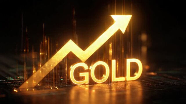Golden glowing arrow rising above illuminated gold letters for finance investment growth. golden upward arrow and glowing gold word signifying rising gold price and investment optimism with warm