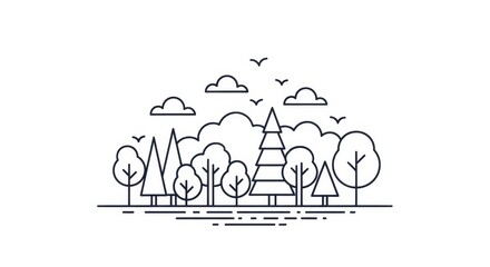 Minimalist Forest Landscape Line Art with Clouds and Birds