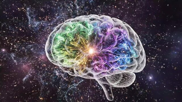 Vibrant Human Brain Illuminated with Colorful Neurons and Sparkles in Cosmic Space Environment from a Distant Viewpoint like (88).mp4