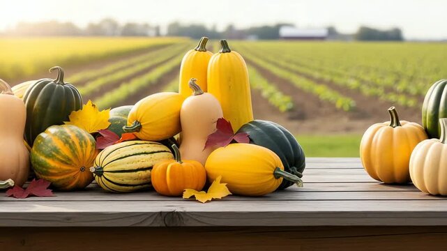 Colorful assortment of squash and pumpkins on a wooden table with a vineyard backdrop