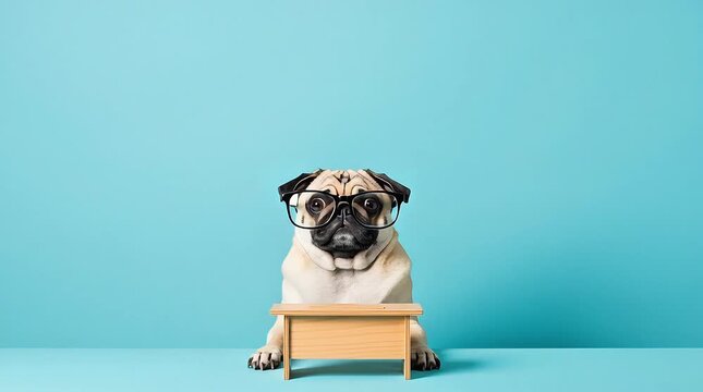 Cute Pug Dog Wearing Glasses, Sitting Behind Small Wooden Desk, Studio Portrait, Adorable Pet Character, Bright Blue Background