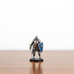 Obraz premium Close-up of a meticulously crafted small miniature model of a medieval knight in full plate armor, holding a sword and a cross-emblazoned shield, ready for an epic tabletop adventure