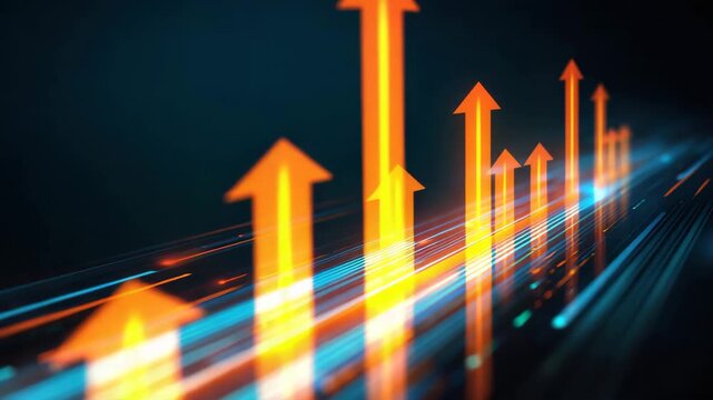 Bright orange arrows rising dark background with dynamic blue light trail growth and abstract technology progress. orange arrow chart and rising arrows over glowing blue and orange light streaks