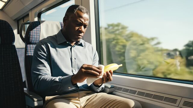 Serious African American man cleaning banana skin with napkin on moving train during daytime commute