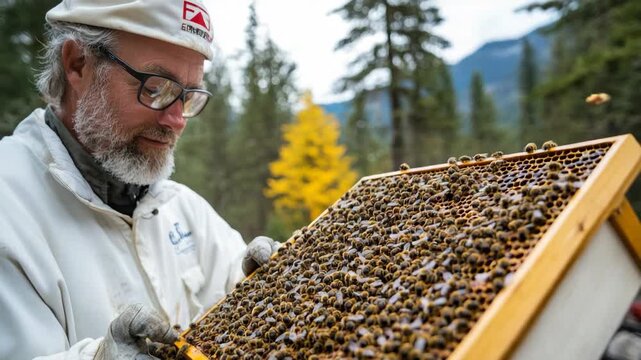 selective focus ecofriendly beekeeping with natural honeycomb inspection