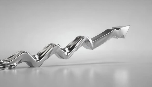 Silver arrow metal growth success symbol financial rise upward trend progress finance money investment concept metallic arrow zigzag direction leadership strategy risk opportunity abstract 3d