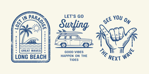 Fototapeta premium Retro Surfing Vector Set with Beach Vibes Graphics, Vintage Car, Palm Trees and Coastal Slogans, Summer Surf Style Illustrations Perfect for T-Shirts, Apparel and Print Design