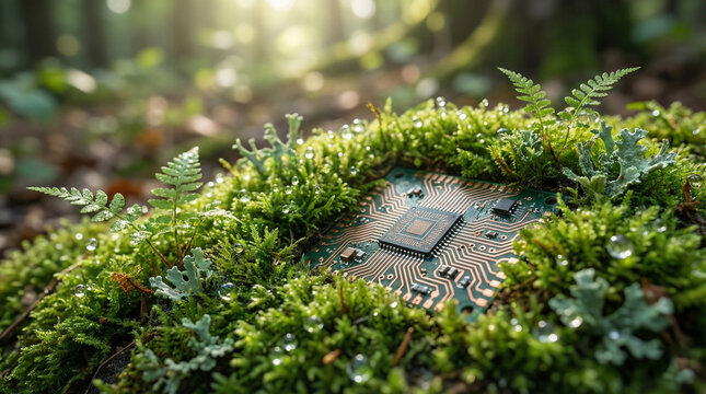 Microchip surrounded by lush greenery in a forest setting.