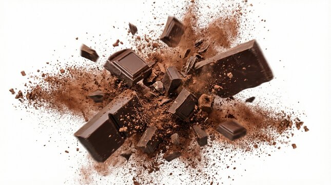 Dark chocolate bars exploding in cocoa powder burst.