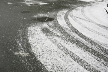 Winter road surface texture with snow and tire tracks