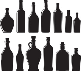 Classic black silhouettes of diverse wine and beverage bottles on a pristine white background