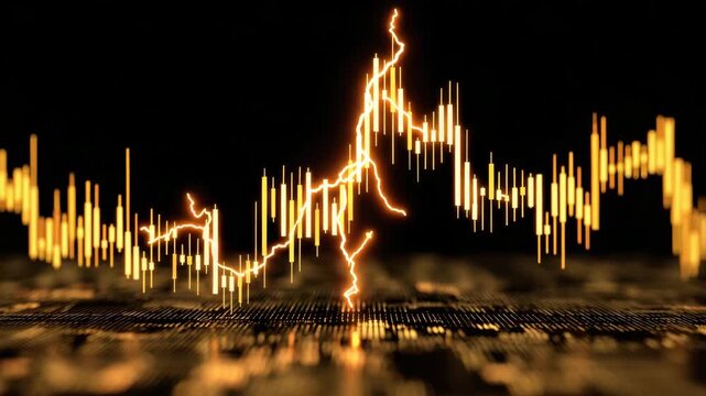 Electric golden candlestick chart with lightning strike and glowing data visualization conveying dynamic market volatility and dramatic financial energy electric golden stock chart with glowing