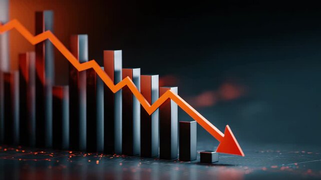 Declining financial bar chart with red downward arrow signaling market loss and economic downturn, dramatic lighting and moody atmosphere conveying urgency and concern declining financial bar chart