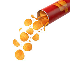 Crisps tumbling out of a red cardboard tube, paprika-flavored potato chips in a can, set against a white background.

