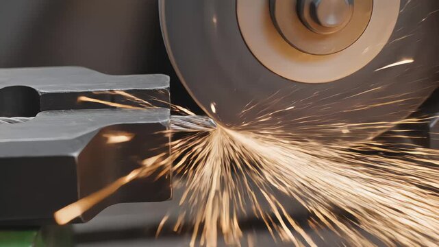 Close up of cutting a steel wire rope and smoothing the end with a grinding wheel creating bright sparks