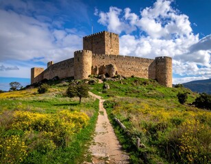 Impressive medieval fortress perched atop a green hill under a blue sky