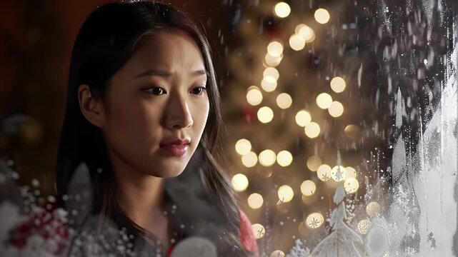 Woman gazing out window with Christmas lights.