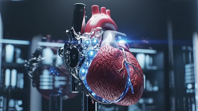 Detailed 3D medical animation of a human heart being dissected and examined in a futuristic laboratory setting from a frontal viewpoint