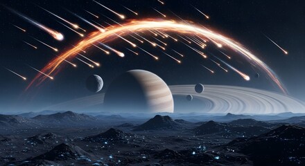 Alien planet with meteor shower and ringed planet
