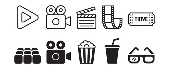 Cinema vector line icons set containing play button video camera clapperboard film strip and ticket symbols