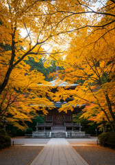 Naklejka premium Traditional Japanese Temple Structure Framed by Vibrant Golden A