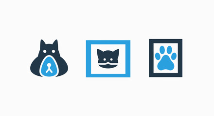 Fototapeta premium Cute cartoon animal icons: a stylized dog face, a cat face inside a frame, and a dog paw print.