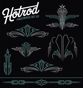 Vintage Pin Striping Line Art Vector Set, Classic Decorative Stripe Elements for Vinyl Stickers, Painting Templates and Tattoo Designs, Retro Custom Illustration Collection