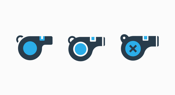 Whistle icons: sports referee whistle, alert signal, and cancel notification for sports or safety