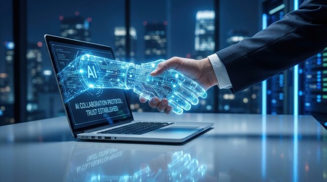 Businessman interacting with AI on modern laptop in sleek office