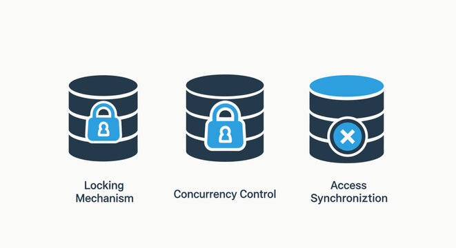 Database security icons: locking mechanism, concurrency control, and access synchronization for data management and system integrity.